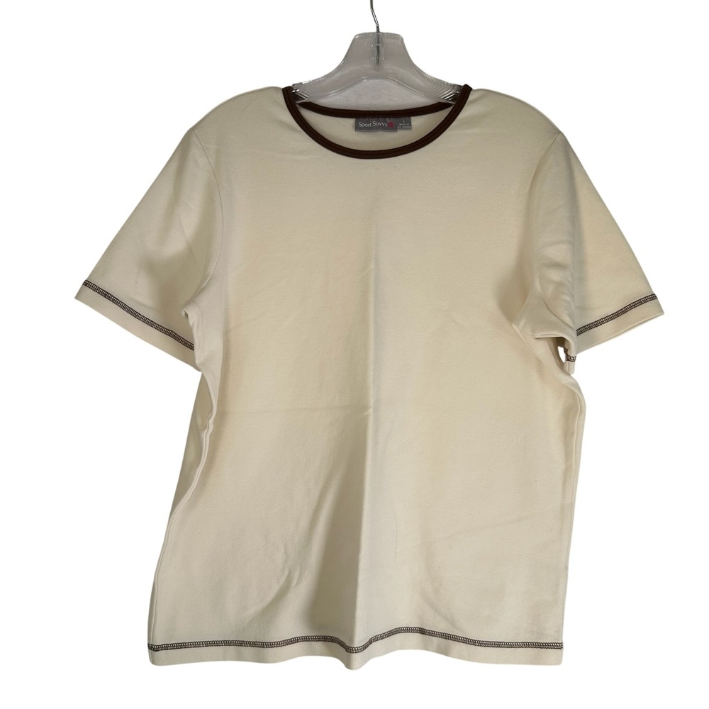 Sport Savvy Cream Ringer Tee Brown Contrast Stitch Short Sleeve Top Large